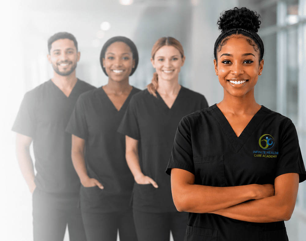 Smiling diverse healthcare team in black scrubs