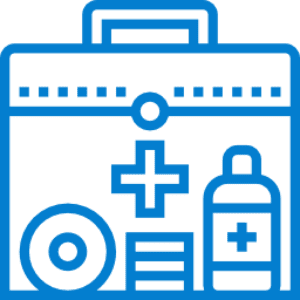 Blue first aid kit icon with supplies