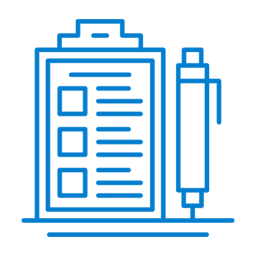 Blue clipboard checklist icon with pen