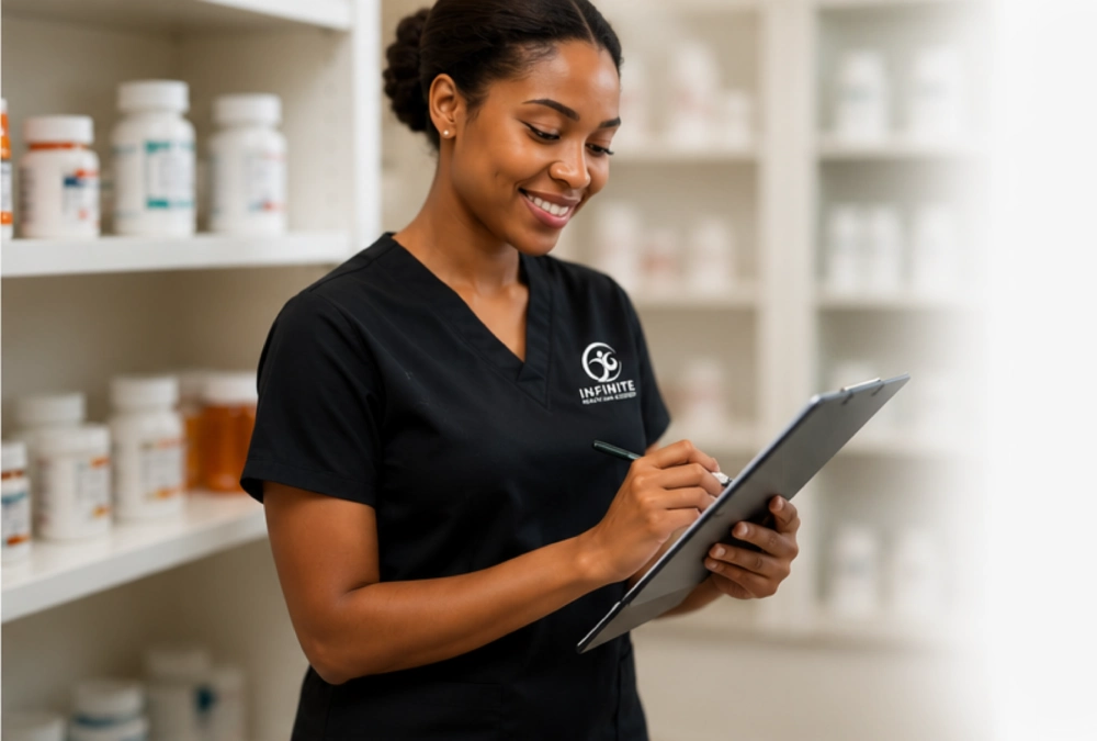 Pharmacist writing on clipboard in pharmacy