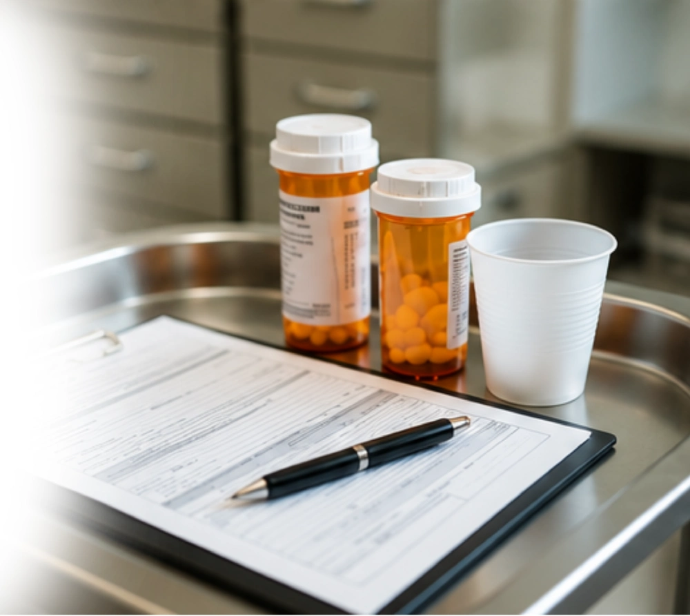 Prescription pill bottles, clipboard, pen, paper cup